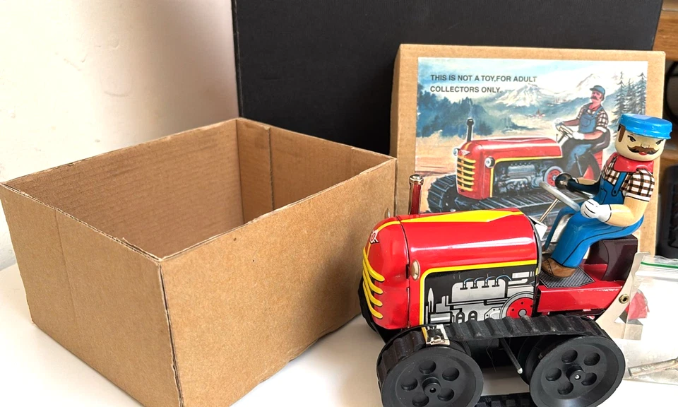 Vintage Tin Litho wind Up Tractor, Rubber Tread & Key In Original Box 1980  - Image 1 of 4