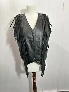 FMC Black Leather Vest With Fringe & Braided Trim Size MED Excellent - Picture 1 of 14