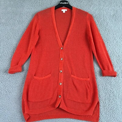 Cardigã suéter feminino J Jill XS vermelho laranja mistura de linho algemado manga 3/4 botão - Imagem 1 de 4
