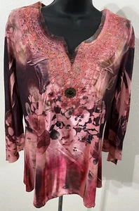 B.L.E.U Women Size Medium Pink Long Sleeve Multi Color Made In USA - Picture 1 of 10