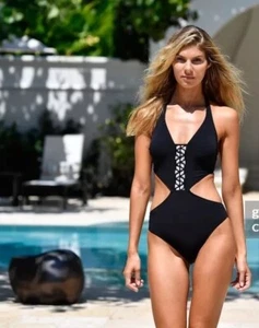 NUEVO Traje de baño Profile by Gottex negro recortado de una pieza talla 12 para mujer - Imagen 1 de 8