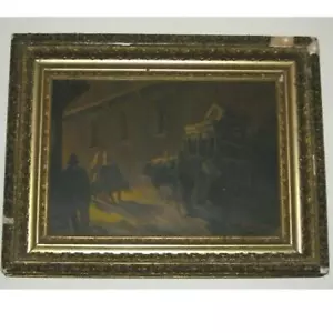 Charles Henry Miller dipinto olio su tavola antichi carri buoi cornice dorata chas art - Foto 1 di 6