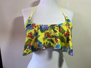 Op Ocean Pacific Ruffled Swim Top Small Light Yellow Floral Racerback Lined - Picture 1 of 4