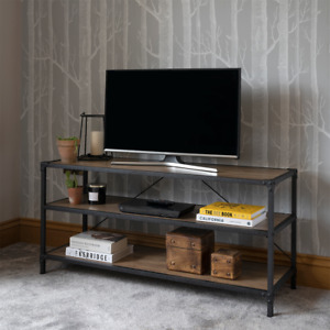 TV Stand Oak Style with Matt Black Industrial Detailing 580mm H x 1200mm W 