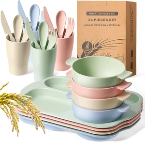 24 Pcs Wheat Straw Dinnerware Cutlery Set Including Kids Toddlers Divided Plates - Picture 1 of 7