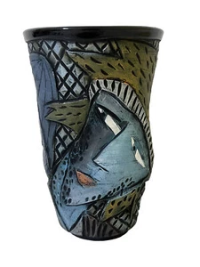 DAVID STABLEY Vaso in Ceramica Stile Raku Firmato 93’ Volti Uomo e Donna Art Déco - Foto 1 di 7