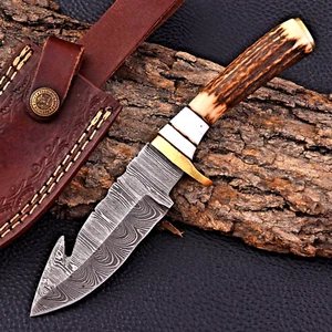CUSTOM MADE FORGED DAMASCUS STEEL HUNTING SKINNER KNIFE DEER STAG HANDLE 2850 - Picture 1 of 5