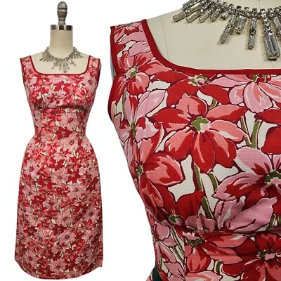 Vtg 50s Holiday Floral XS Dress Cotton Poinsettia Red Wiggle Fitted Square Neck - Image 1 of 4