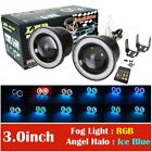 Durable RGB Projector Fog Lights 2x 3 Size with Ice Blue COB Halo Rings