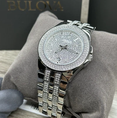 全新✅ 宝路华男士水晶装饰铺面表盘银色 42 毫米手表 96B235 $675 — 第 1/4 张图片
