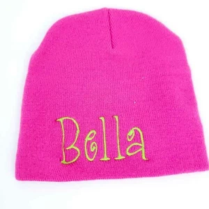Girls Embroidered Bella Winter Hat Toboggan Pink, Green - Picture 1 of 2