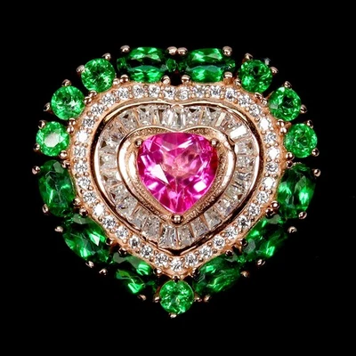 925 Sterling Silver Ring Heart Pink Topaz 7mm Green Topaz Gemstone Jewelry Sz 8 - Image 1 of 4