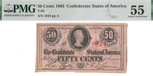 T-63 1863 $0.50 Confederate Note Jefferson Davis PMG AU 55 w/ CSA Treasury Stamp - Picture 1 of 5