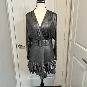 Retrofête Maureen Silver Ruffle Wrap Dress S Long Sleeve Belted Holiday Party - Picture 1 of 6