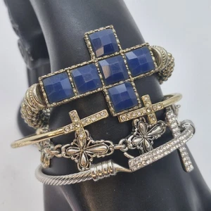 Lote De Colección 4 Pulseras Cruzadas Plata Tono Dorado Azul Cabachon Puño Cierre Elástico - Imagen 1 de 18