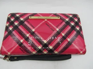 Betsey Johnson Hot Pink Plaid Zip Around Wallet Wristlet Black White Patent Gold - Picture 1 of 3