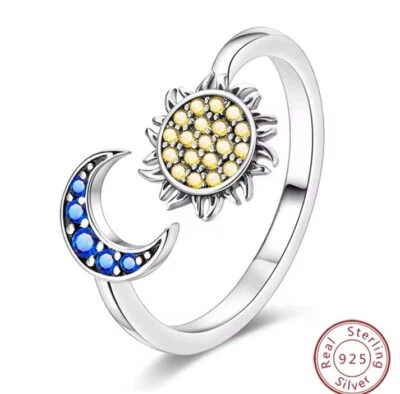 Anillo Ajustable Sol y Luna Plata de Ley 925 Regalo Moda Joya Regalo ☀️🌕 Foto 1 de 4