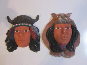 2 VINTAGE Plaster Native American Indian Head Wall HangingS BUFFALO & COUGAR - Picture 1 of 4