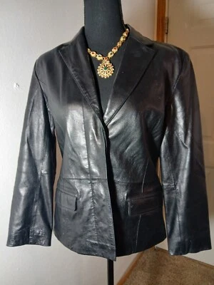 Abrigo Chaqueta Cuero Genuino Mixit Mujer Talla 4 Negro Botón Delantero-Usado Foto 1 de 4