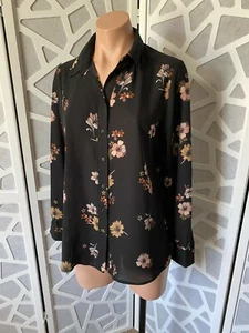 Women's black Long Sleeve V-Neck Button Down Floral Career Blouse Small - Picture 1 of 4