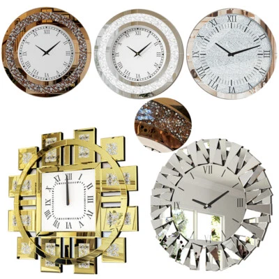 Exquisite Silver Mirror Clock Crushed Diamond Home Wall Decor Big Roman Numerals - image 1 of 4