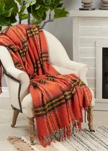 Luxury Orange Plaid Throw Blanket with Fringe – 50" x 60" - Picture 1 of 2