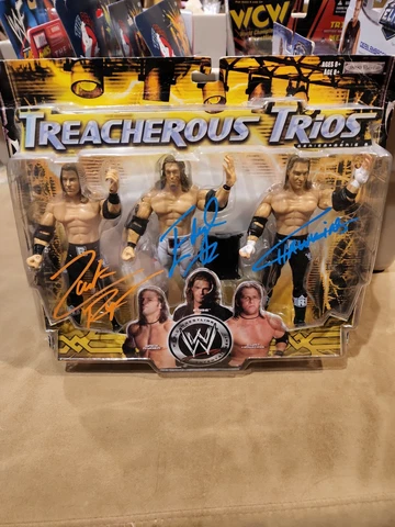 Autographed Signed WWE Treacherous Trios Ryder, Edge, Hawkins Jakks New MWFP Cover