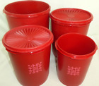 TUPPERWARE Servalier 4 Piece Nesting Canister Set Red Tulip Pink Quilt 2 lids