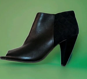 Sz 8.5M Seychelles Black Leather / Quilted Suede Open Toe Heels Bootie Side Zip - Picture 1 of 8