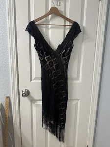Moda International Damen Kleid Größe 8 Spitze gefüttert Flügelärmel schwarz Häkel Strick - Bild 1 von 5