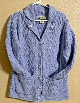 Aran Crafts Sweater Cardigan 100% Merino Wool Irish Gray BlueCable Knit Sz S - Image 1 of 4