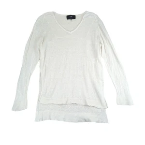 LINE 100% Linen White V-neck Sweater Side Slits Women's Size Small Knit Hi Low - Picture 1 of 8
