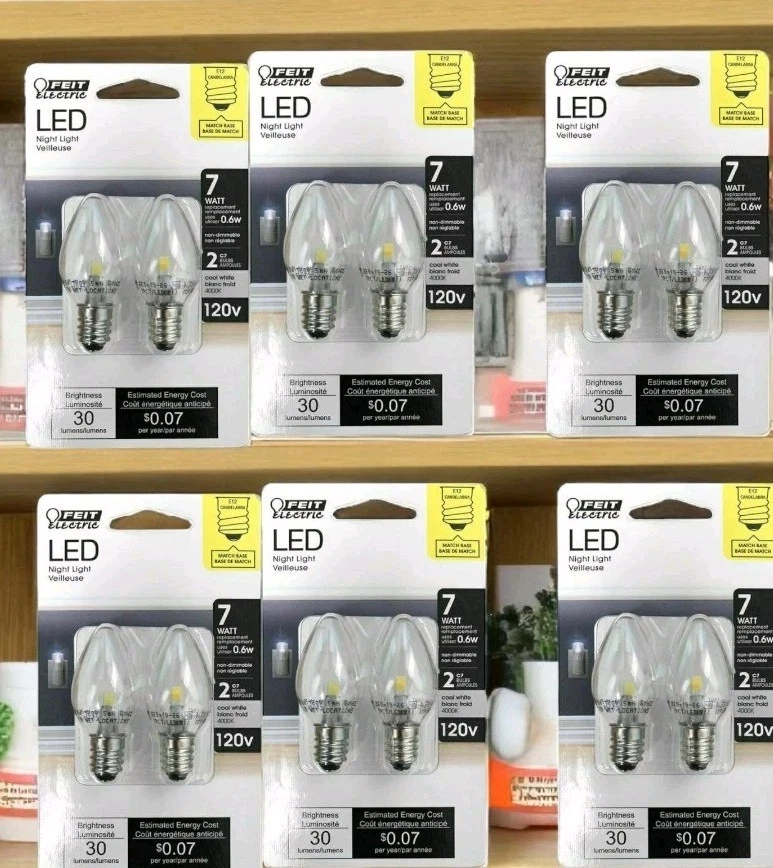 6 Packs 1W Clear White LED E-12 Base Night Light Bulbs 2-Pack Feit Electric New  - Image 1 of 1