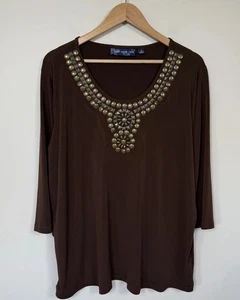 Susan Graver Shirt Damen 1X braune Bluse 3/4 Arm flüssiger Strick Stretch Metall - Bild 1 von 10
