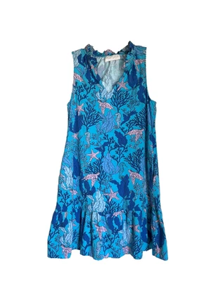 Мини-платье Pappagallo Azure Ocean Print с оборками M синее тропическое - Изображение 1 из 4