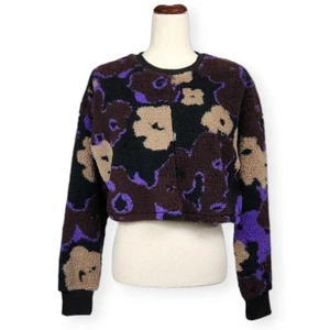 BP Sweater High Pile Fleece Black Brown Pressed Floral Women's Medium New - Picture 1 of 11