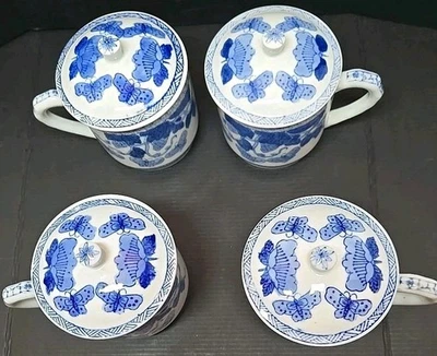 4 tazas de café azules/blancas taza de té con tapas mariposas en el jardín estampado vintage Foto 1 de 4