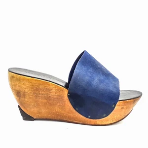 Robert Clergerie Paris Womens Blue Leather Platform Wooden Wedge Sandals Size 9 - Picture 1 of 10