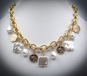 Gold Tone Chain Necklace with Pearls and Coin Charms - Picture 1 of 2