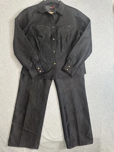 VTG NY Jeans 2 Piece Coated Black Denim Pants Shirt Womens 14 Sheen Wide Leg - Picture 1 of 13