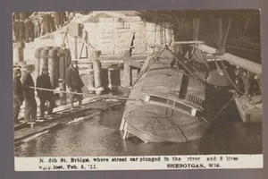 Sheboygan WISCONSIN RPPC 1911 TROLLEY WRECK Disaster 3 DEAD STREETCAR OFF BRIDGE - Picture 1 of 2