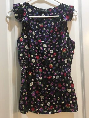 Blusa Top Forever 21 Mujer Pequeña Azul Floral Sin Mangas Cuello Redondo y Volantes Foto 1 de 4