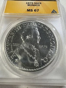 1975 Monaco 50 Francs Large Silver Coin Graded MS 67 by ANACS Low Mintage - Picture 1 of 4