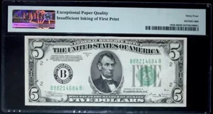 1934B $5 (1 OF 2) Consec. Federal Reserve Note-Insufficient Ink Error-PMG#64-UNC - Picture 1 of 2