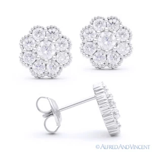 Cubic Zirconia CZ Crystal Flower Stud Earrings in 925 Sterling Silver w/ Rhodium - Picture 1 of 1