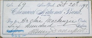 Fanny Davenport Firmado 1893 Cheque al Doctor Archie MacKenzie, Teatro Autógrafo - Imagen 1 de 2