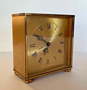 VTG IMHOF SWISS 8 DAY BRASS MECHANICAL SHELF MANTLE CLOCK w ALARM, LIGHTED DIAL - Picture 1 of 7