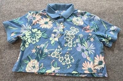 Nike Women's Shirt Medium Blue Floral Dri-Fit Short Sleeve Cropped Polo Shirt - Image 1 of 4