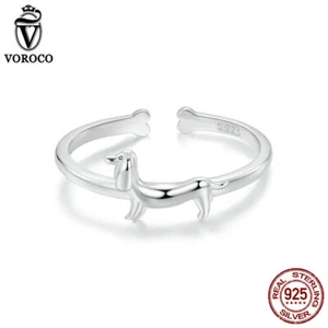 Voroco Real 925 Silver Exquisite Dachshund Open Ring Fashion Women Gifts Jewelry - Imagen 1 de 15