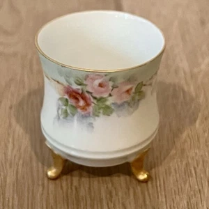 Antique Austria Porcelain Footed Toothpick Holder Cup Hand Painted Pink Flower - Picture 1 of 7